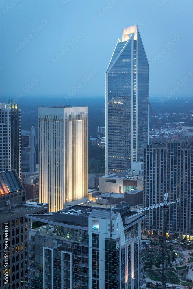 The Charlotte, North Carolina skyline taken from high above street level after the sunset. The Charlotte, North Carolina skyline taken from high above street level after the sunset.