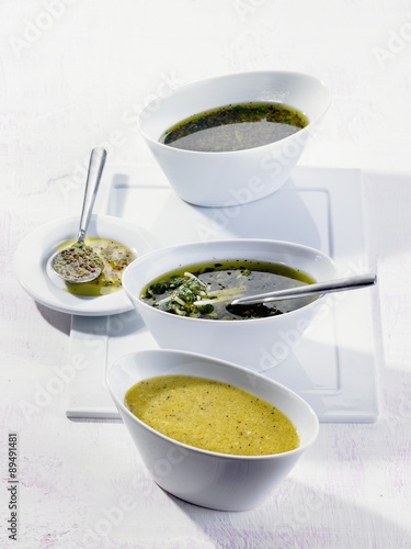 Obraz na plátne Three salad dressings: mustard; mustard, cheese and parsley; herb vinaigrette