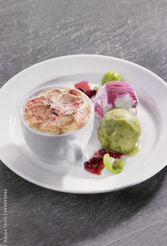 Raspberry souffle with Brussels sprouts and cherry yogurt ice cream
