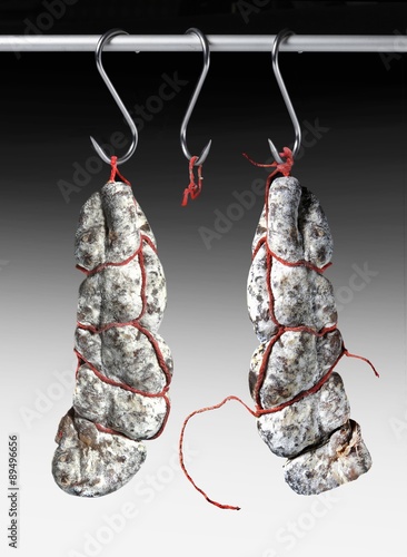 Photos Air-dried salamis hanging from hooks