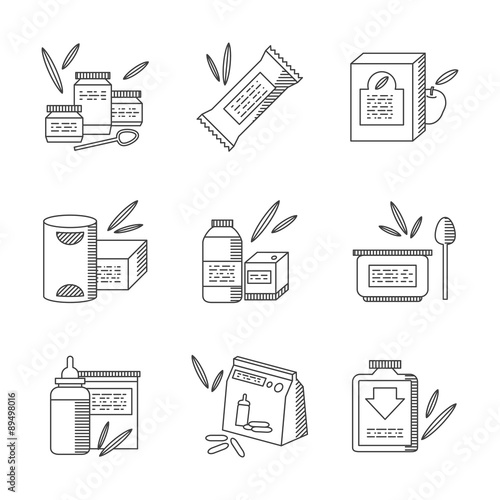 Baby food line vector icons set