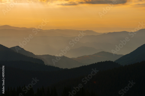Sunrise over Carpathian mountain range in Romania