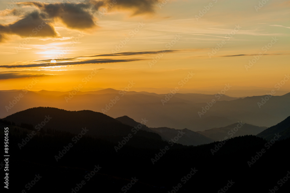 Sunrise over Carpathian mountains in Romania