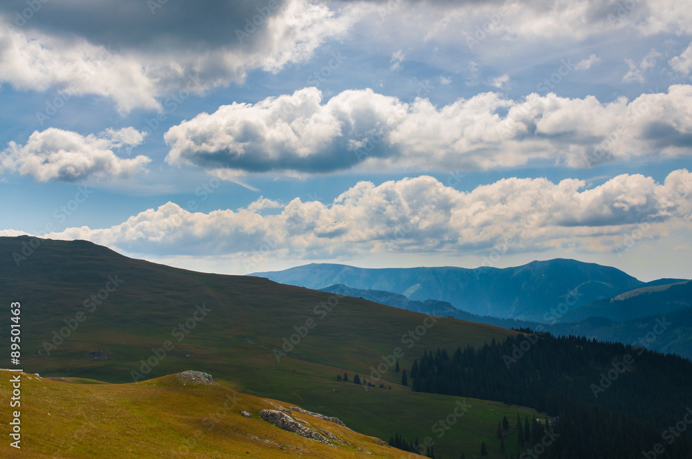 Carpathian mountains under the clouds in Romania