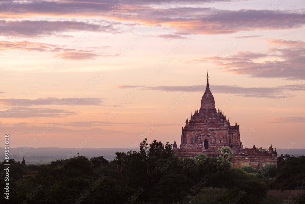 Scenic colorful sunset of ancient temple in Bagan
