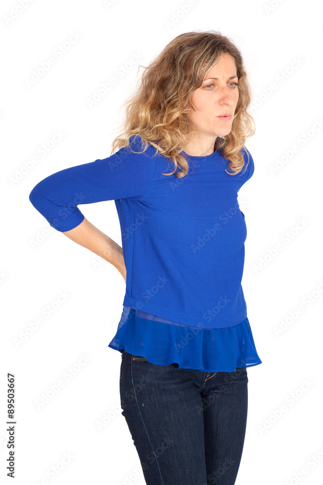 Beautiful woman doing different expressions in different sets of clothes: back ache Beautiful woman doing different expressions in different sets of clothes: back ache