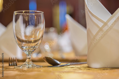 Elegance of glasses on table set up for dinning room.