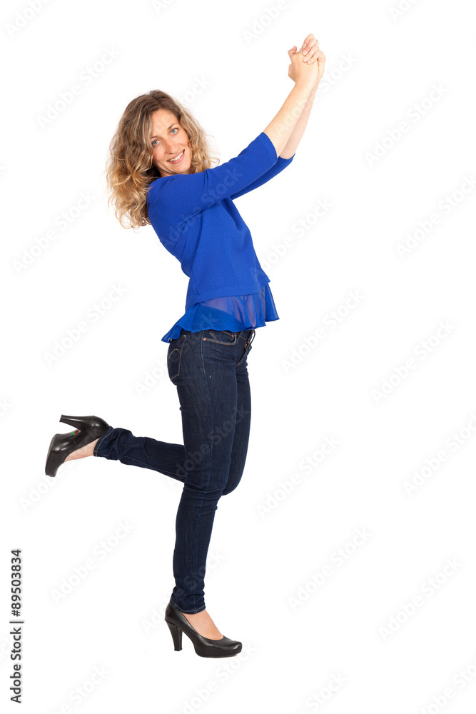 Beautiful woman doing different expressions in different sets of clothes: arms raised Beautiful woman doing different expressions in different sets of clothes: arms raised