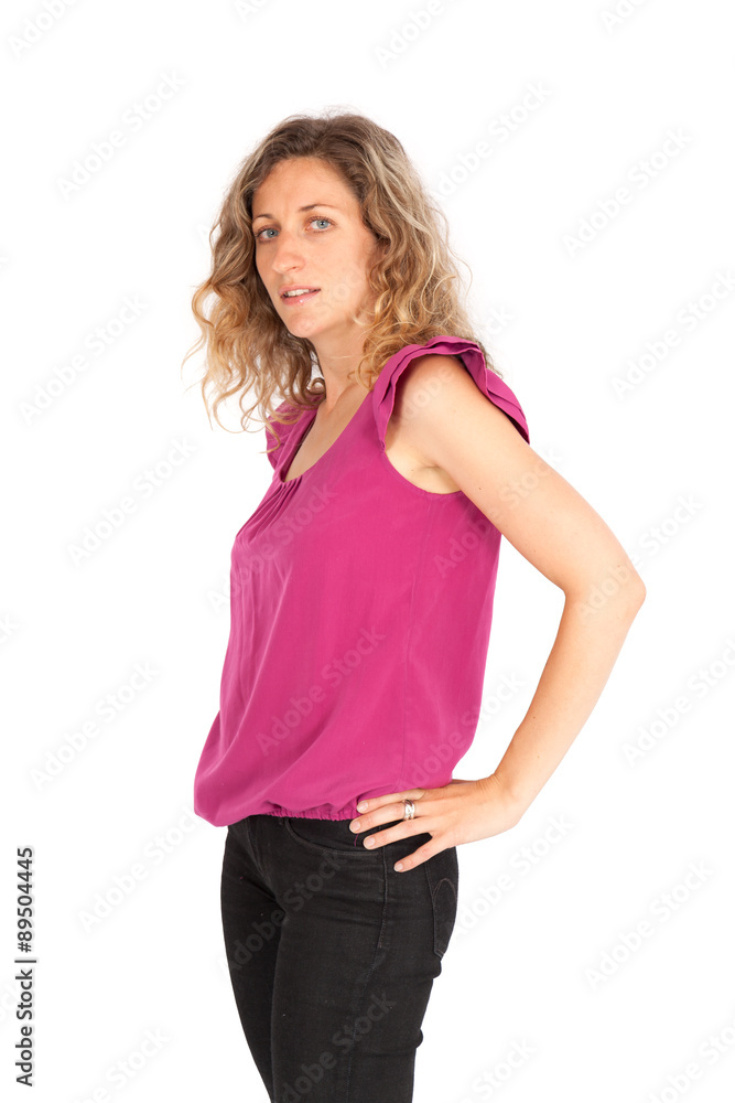 Beautiful woman doing different expressions in different sets of clothes: hands on chin Beautiful woman doing different expressions in different sets of clothes: hands on chin