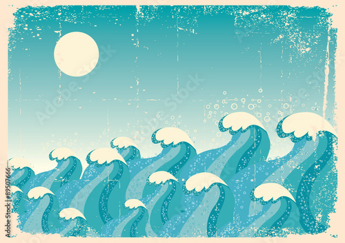   Blue waves.Vector vintage image of Sea background on old paper