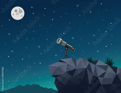 Romantic night sky with stars, moon and binoculars. Our dreams and goals. Vector simple illustration.