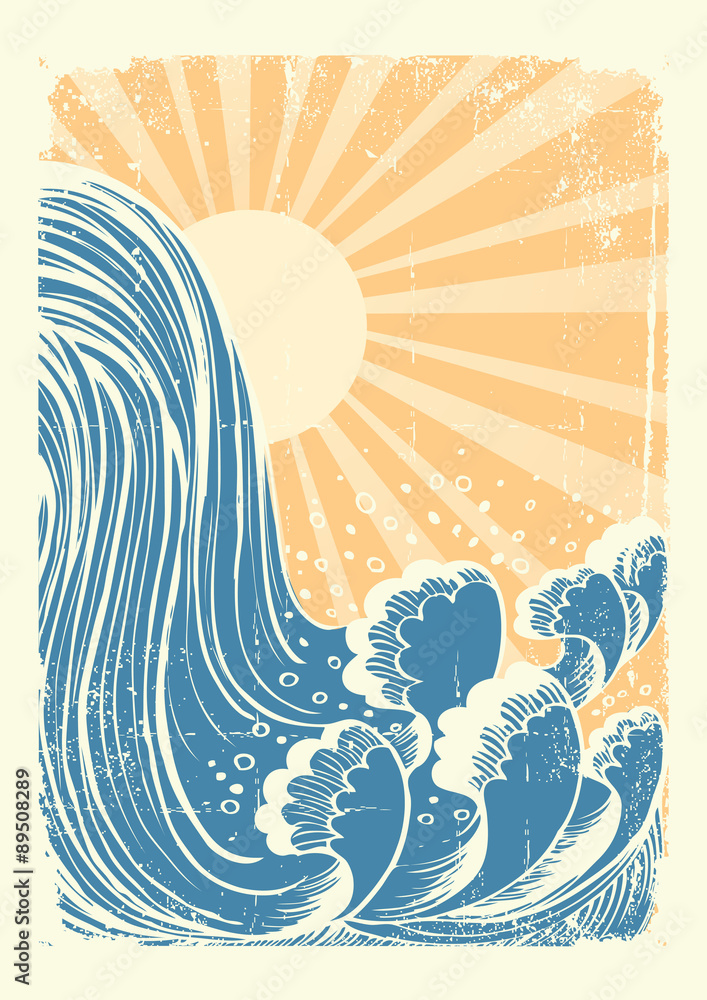 Fototapeta premium Waterfall.Vector grunge blue water waves background with sun
