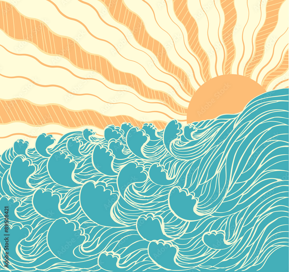 Abstract sea waves. Vector illustration of sea landscape with su