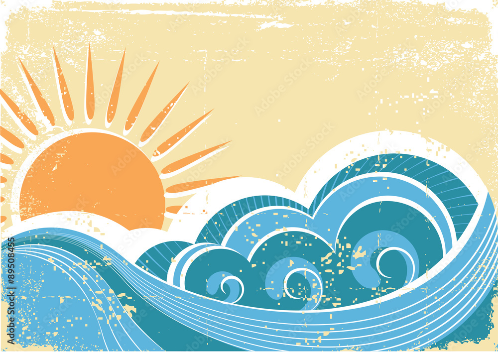 Naklejka premium Grunge sea waves. Vintage vector illustration of sea landscape