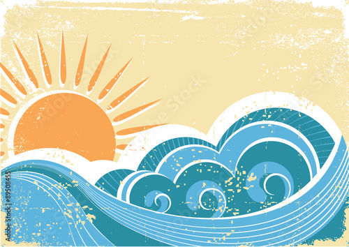 Grunge sea waves. Vintage vector illustration of sea landscape