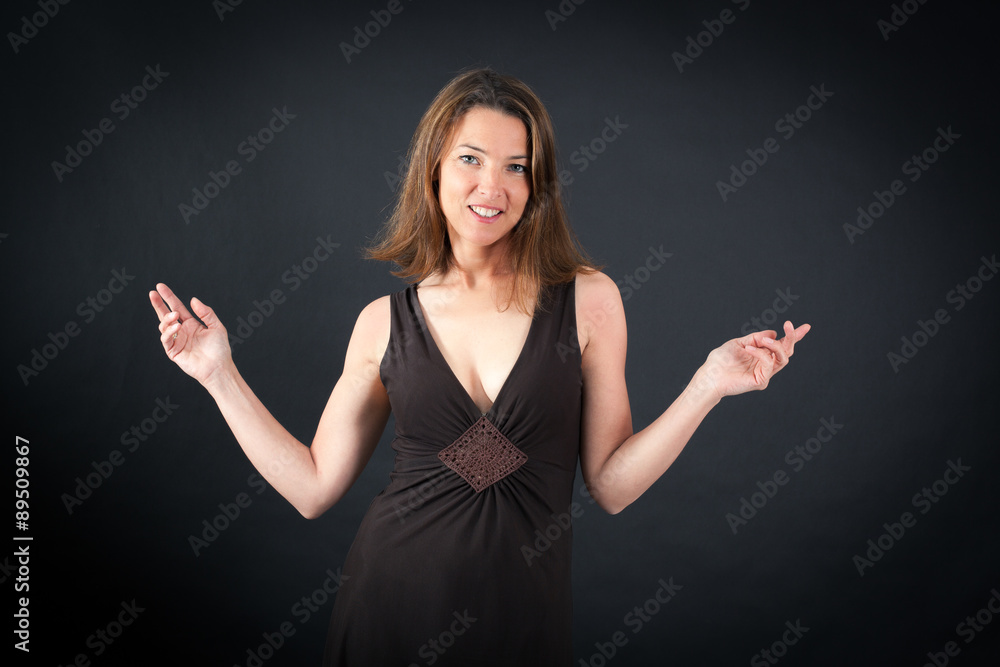 Beautiful woman doing different expressions in different sets of clothes: joy Beautiful woman doing different expressions in different sets of clothes: joy