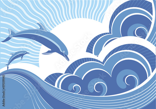 Vector blue dolphins jumping in sea in sun day