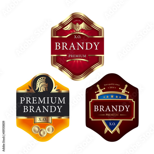 Premium brandy labels with swords eagle roman helmet and shield