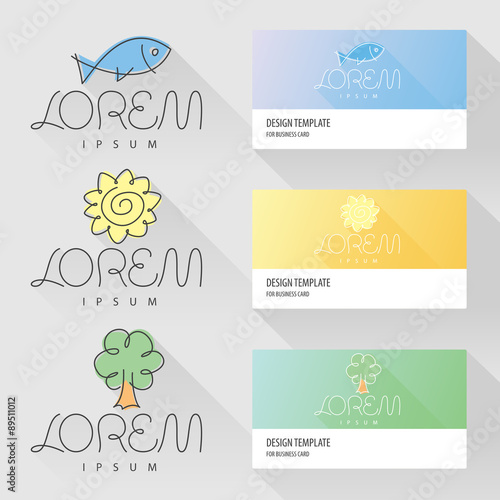Fish sun and tree logo design elements with visit card template 
