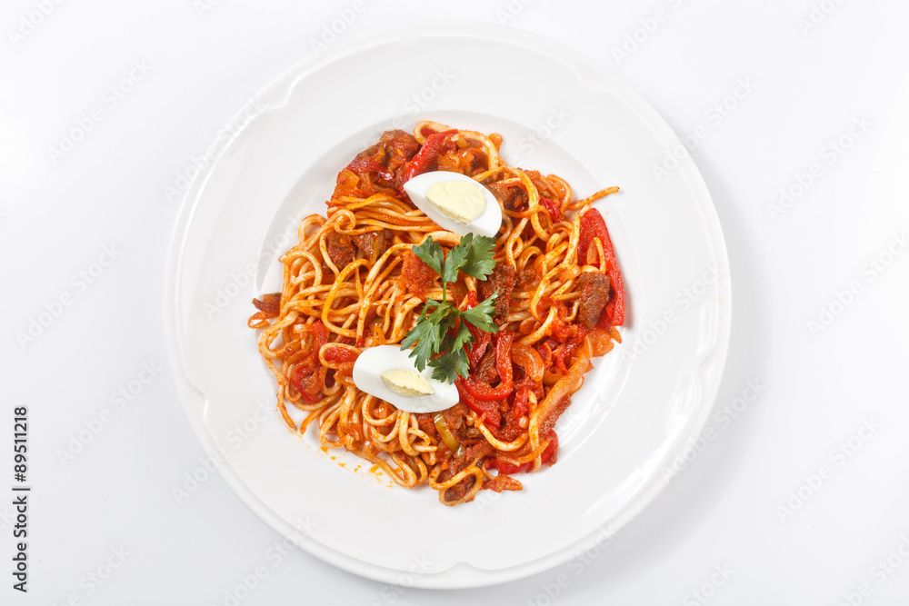 traditional uzbek lagman meal on white plate isolated traditional uzbek lagman meal on white plate isolated