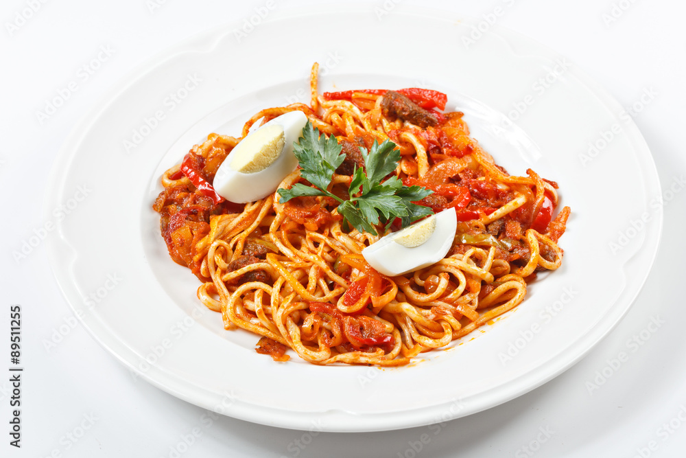 traditional uzbek lagman meal on white plate isolated traditional uzbek lagman meal on white plate isolated