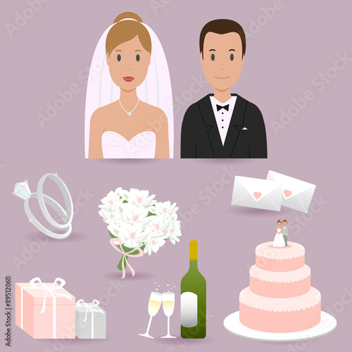 Bride, groom and wedding objects collection. Vector illustration