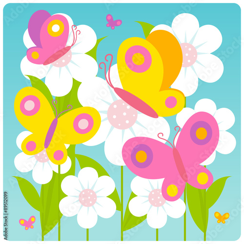 Colorful butterflies flying around flowers in springtime. Vector illustration background.