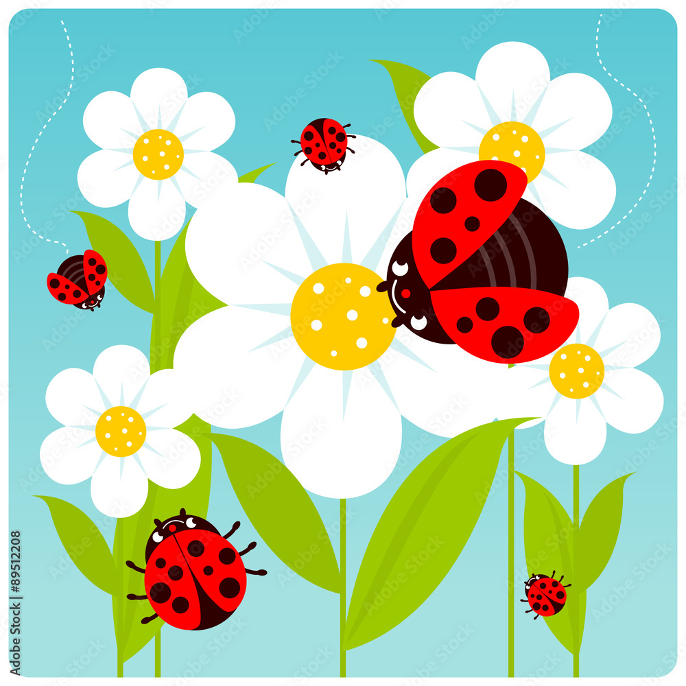 Fototapeta premium Ladybugs flying around flowers in springtime. Vector illustration background
