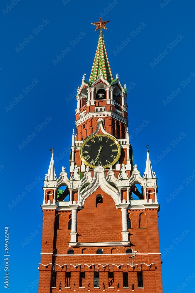 Spasskaya tower of Kremlin on Red Square in Moscow