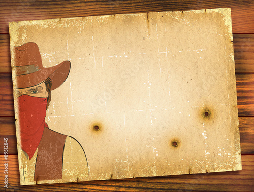 Old paper background with image of bandit and bullete holes.WEst