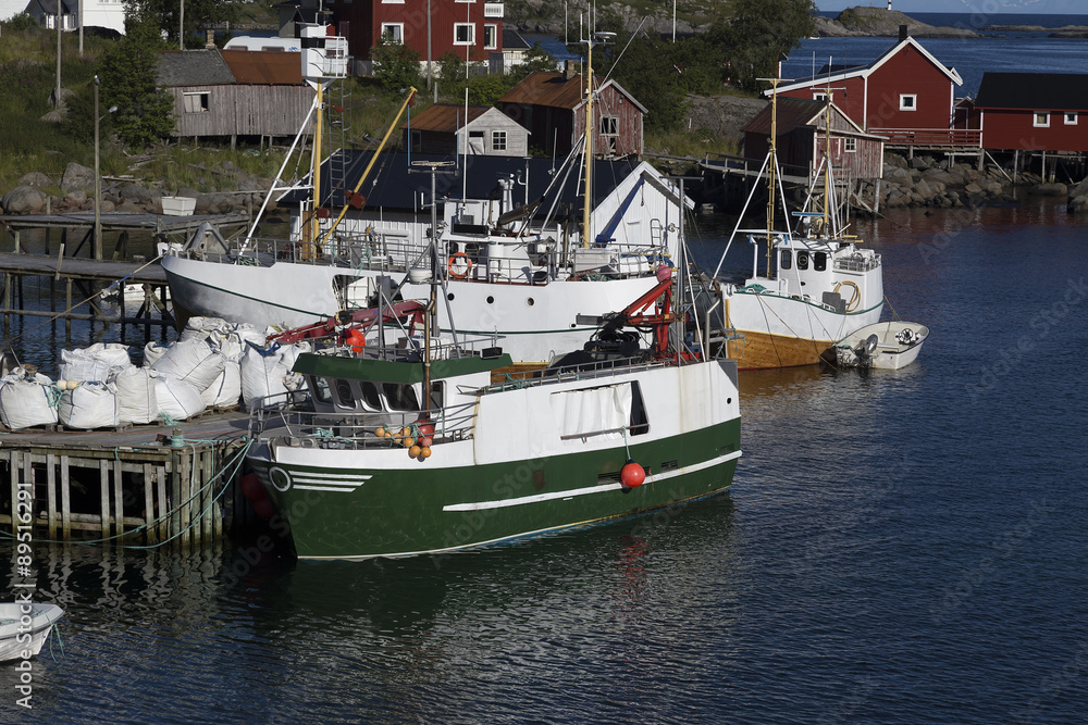 Fishing boats in a harbor with some houses in the background