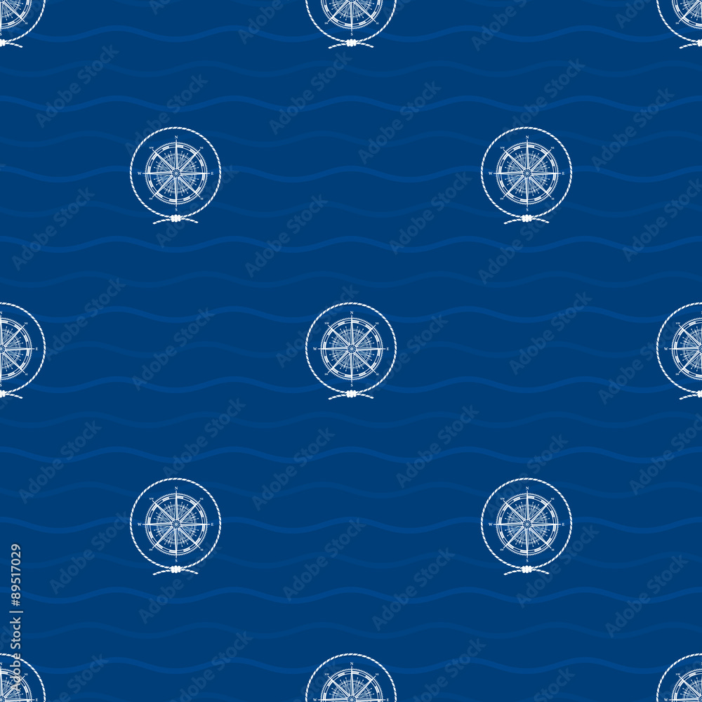 Seamless Pattern with a Compass Rose on a Background of Waves,a Wind ...