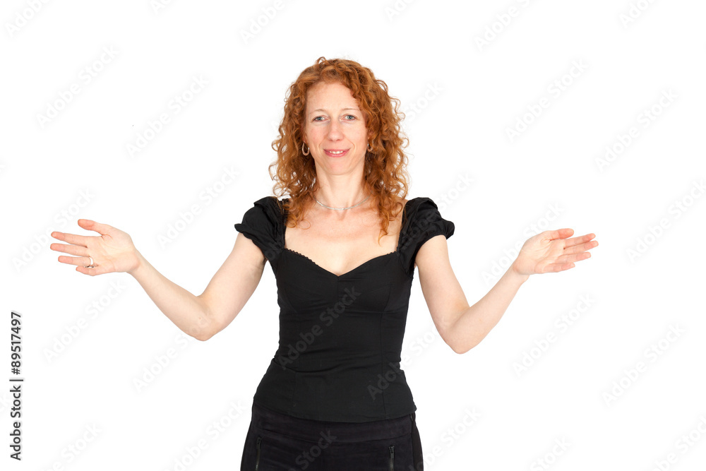 Beautiful woman doing different expressions in different sets of clothes: welcome Beautiful woman doing different expressions in different sets of clothes: welcome