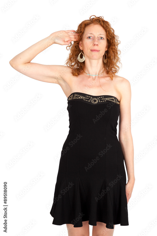 Beautiful woman doing different expressions in different sets of clothes: at attention Beautiful woman doing different expressions in different sets of clothes: at attention