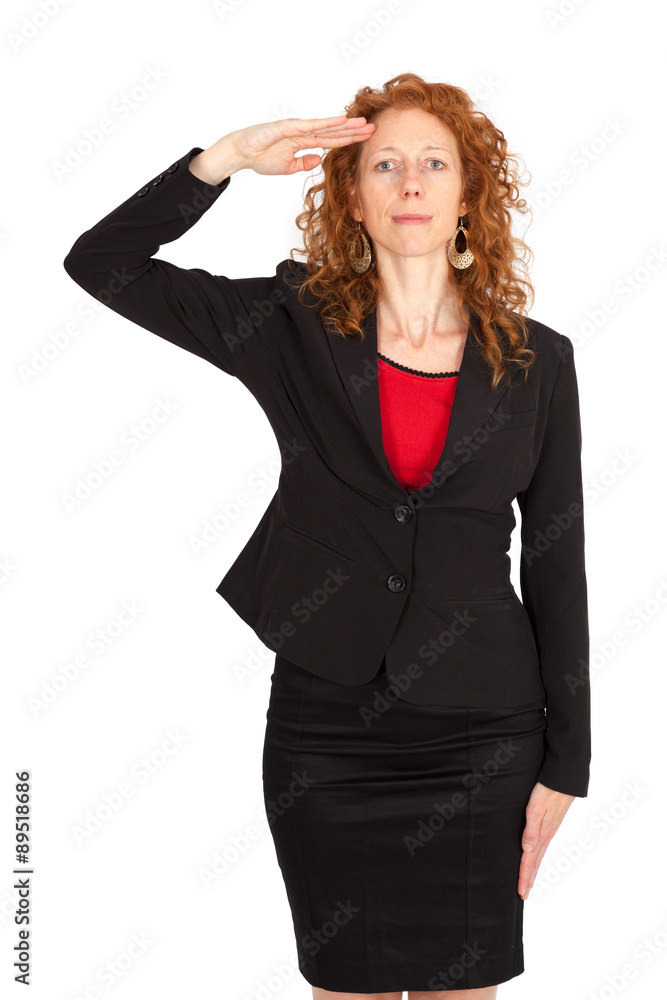 Beautiful woman doing different expressions in different sets of clothes: at attention Beautiful woman doing different expressions in different sets of clothes: at attention