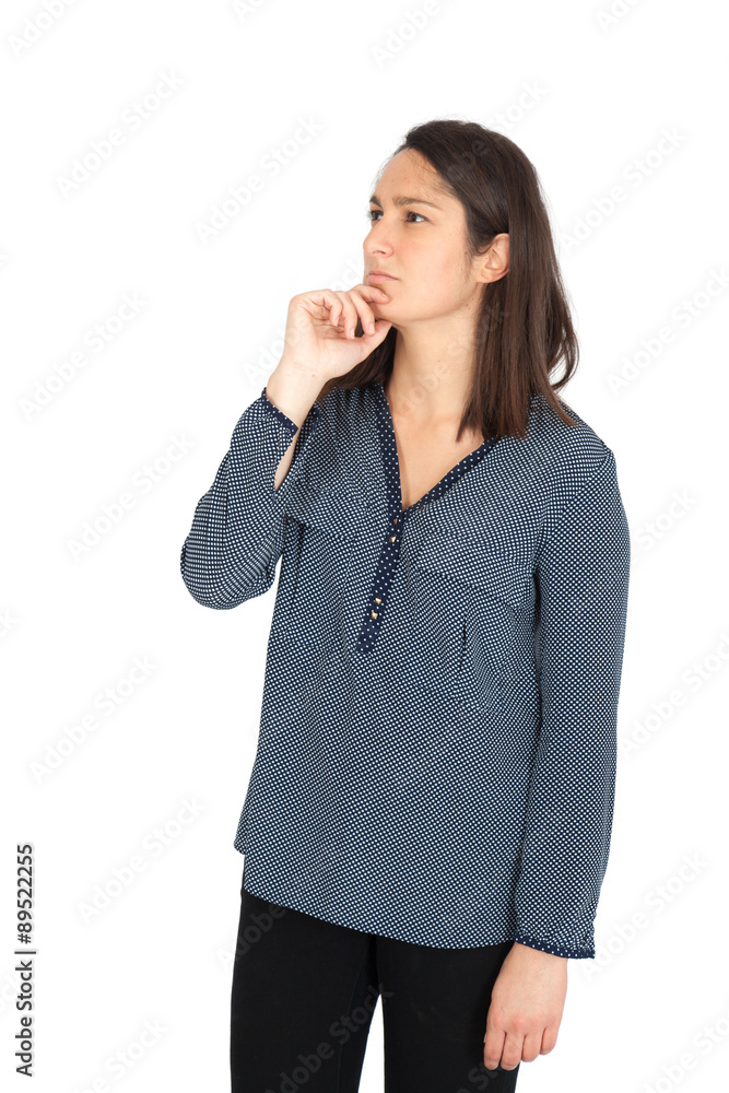 Beautiful women doing different expressions in different sets of clothes: thinking Beautiful women doing different expressions in different sets of clothes: thinking