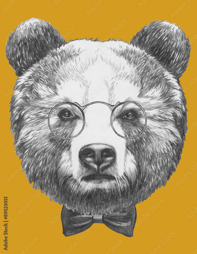 Fototapeta premium Original drawing of Bear with glasses and bow. Isolated on colored background