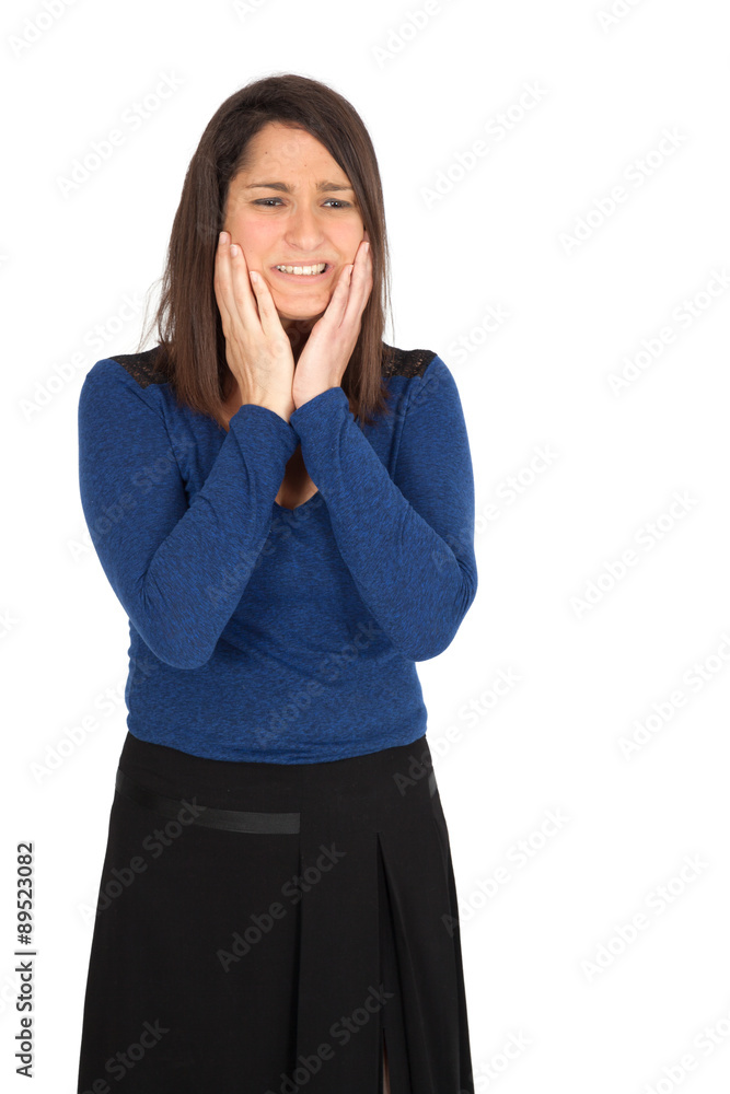 Beautiful women doing different expressions in different sets of clothes: toothache Beautiful women doing different expressions in different sets of clothes: toothache