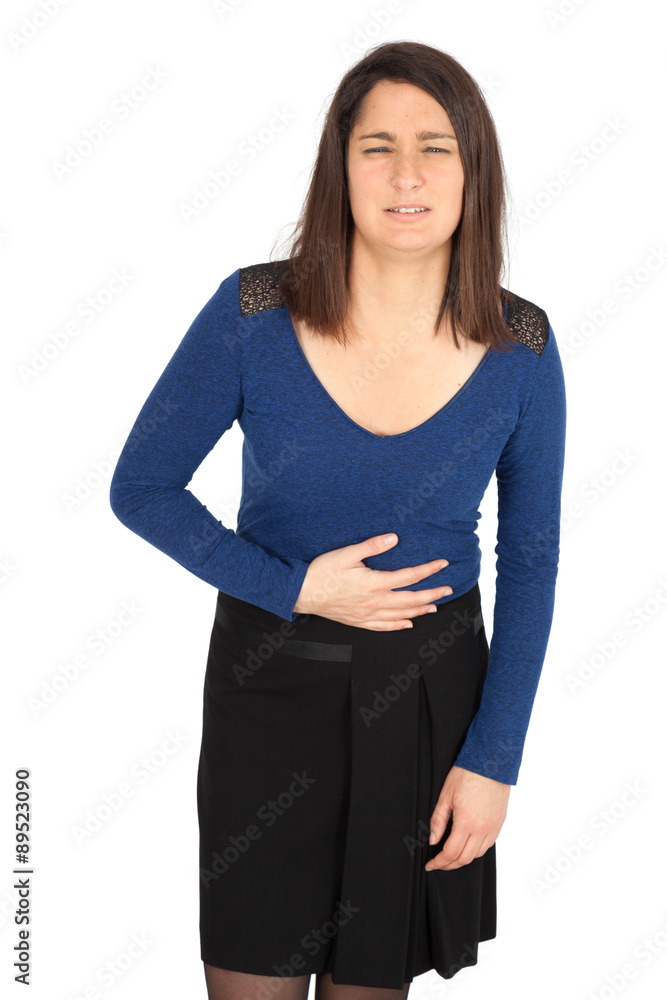 Beautiful women doing different expressions in different sets of clothes: stomachache Beautiful women doing different expressions in different sets of clothes: stomachache