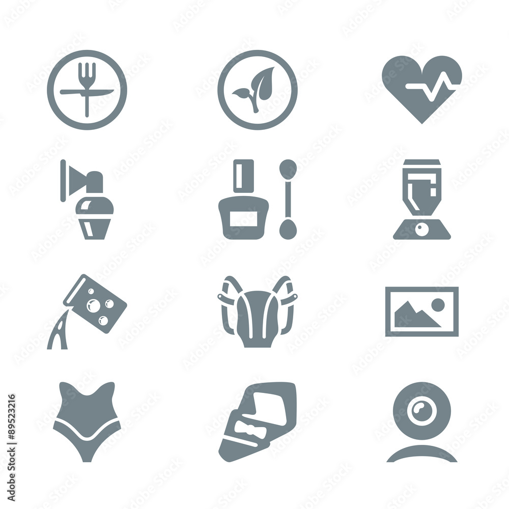 icon set different household objects gray