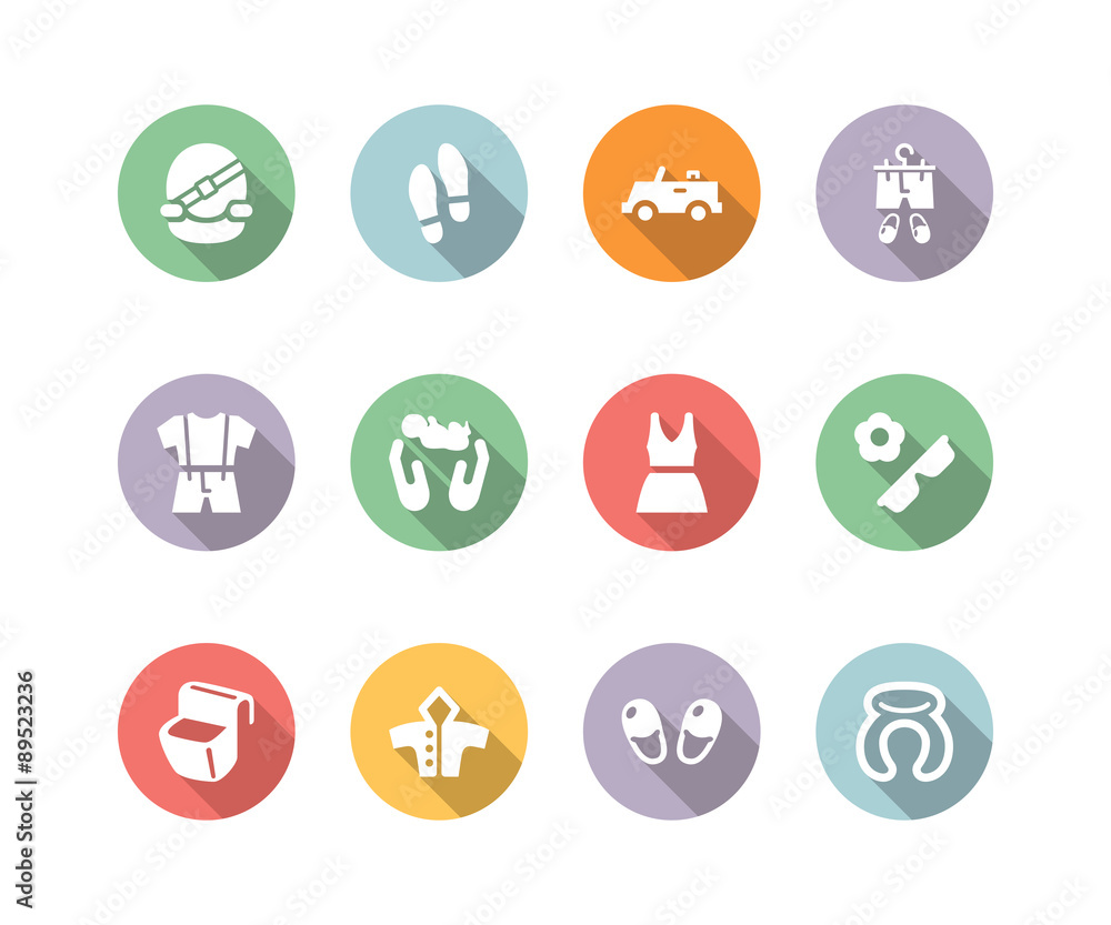 Clothing and trip icon set color with long shadow Clothing and trip icon set color with long shadow