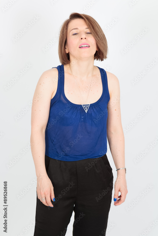 Beautiful woman doing different expressions in different sets of clothes: tired Beautiful woman doing different expressions in different sets of clothes: tired