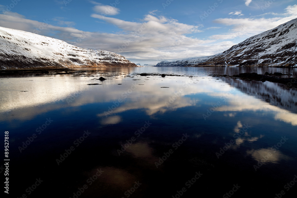Reflection of clouds in fjord