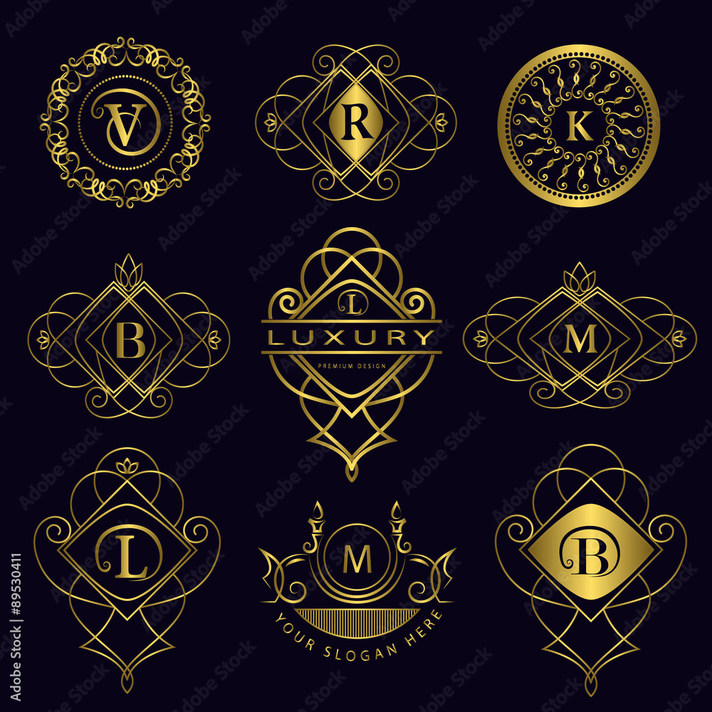 Monogram design elements, graceful template. Calligraphic elegant line art logo design. Letter emblem B, L, M, V, R, K for Royalty, business card, Boutique, Hotel, Heraldic. Vector illustration