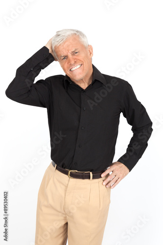 Handsome man doing different expressions in different sets of clothes: headache