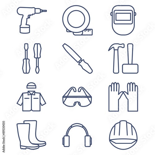 Set of line icons for DIY, tools and work clothes.