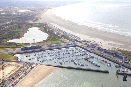 Aerial view of yacht harbor with beach of IJmuiden, The Netherlands