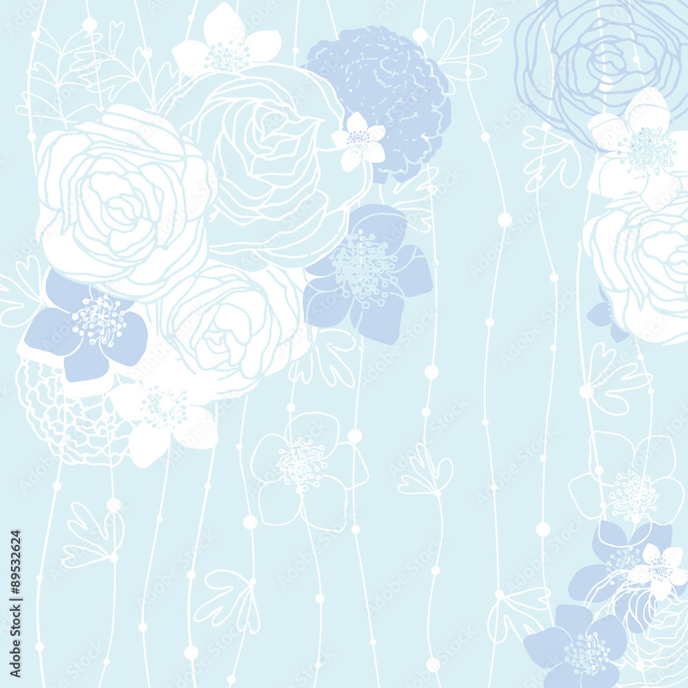 blue background with a hand painted with stylized flowers