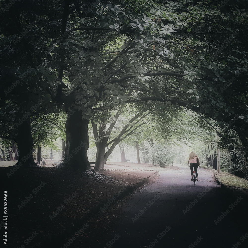 In bicicletta nel parco dopo la pioggia