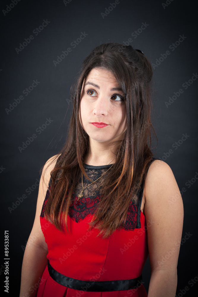 Beautiful woman doing different expressions in different sets of clothes: thinking Beautiful woman doing different expressions in different sets of clothes: thinking